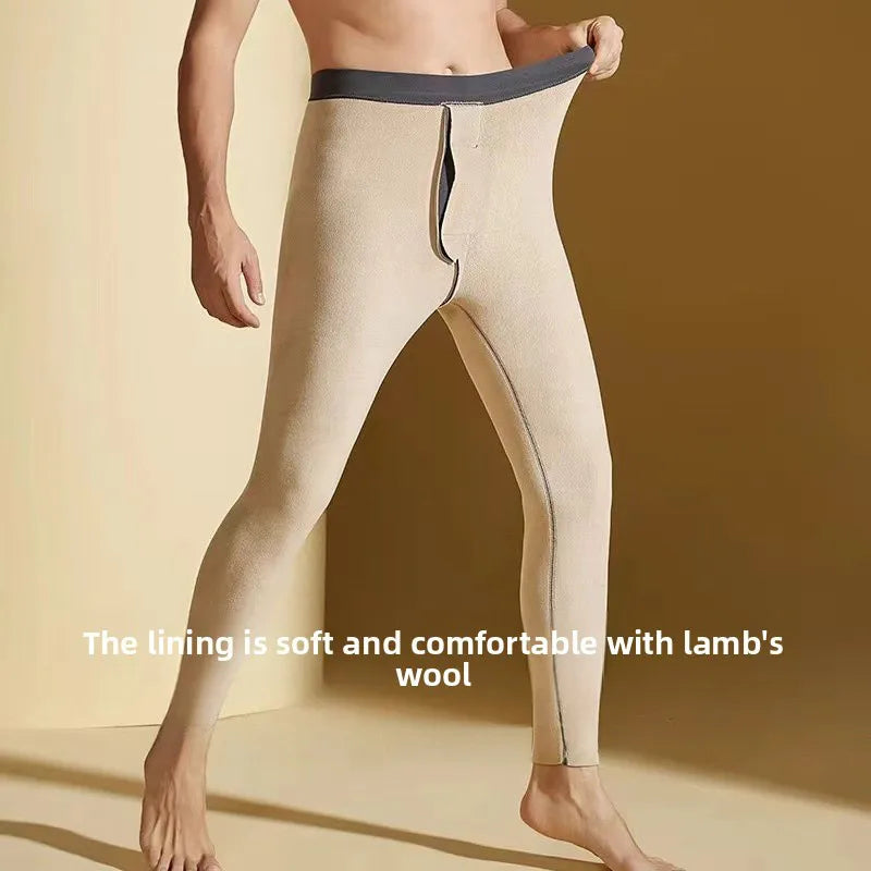 Thicken Fleece Lined Thermal Pants Men Slim Fit Double Sided Brushed Velvet Inner Wear Seamless Cold Resistant Autumn Pants Set