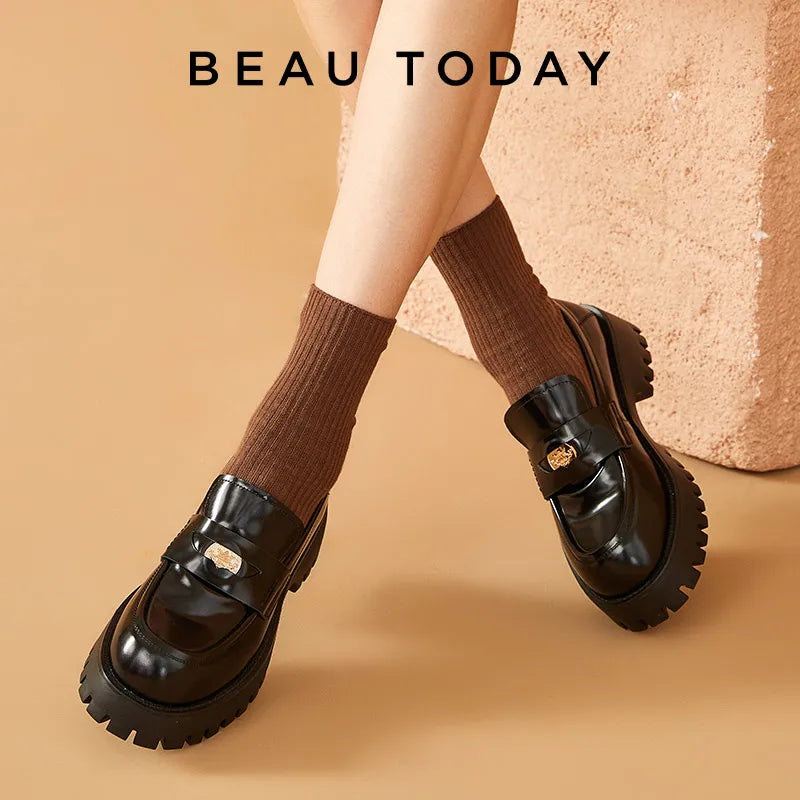 BeauToday Moccasin Loafers Women Genuine Cow Leather Penny Flats Round Toe Slip On Female Casual Platform Shoes Handmade 26569