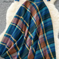 SINGREINY Fashion Spring Knitted Two Pieces Sets Women Loose Pullovers+Plaid A Line Long Skirt High Street Print Casual Suits