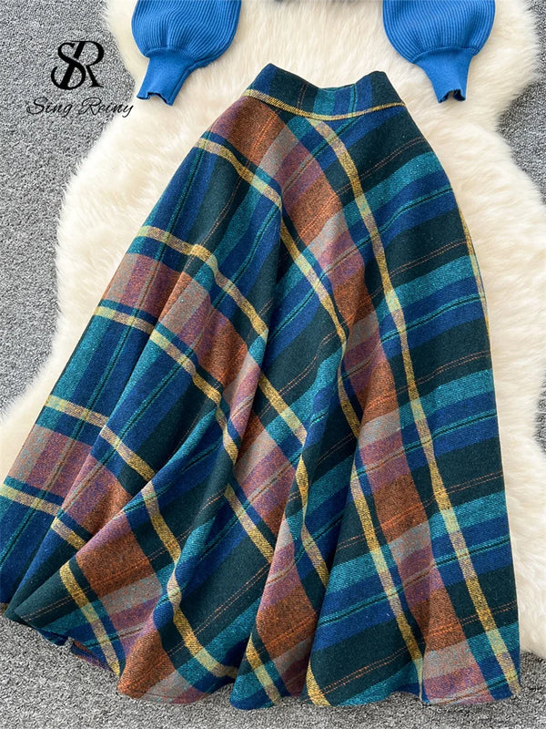 SINGREINY Fashion Spring Knitted Two Pieces Sets Women Loose Pullovers+Plaid A Line Long Skirt High Street Print Casual Suits