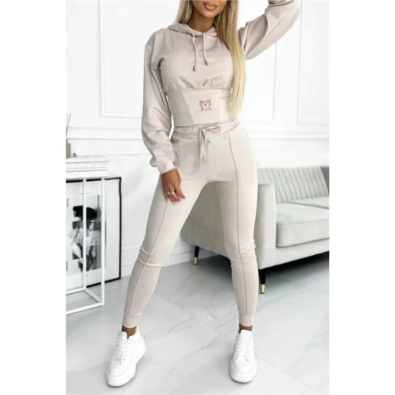Women's 2 Piece Tracksuit Embroidered Letter Crop Hoodie Drawstring High Waist Pocket Jogger Pants Slim Casual Sports Outfit Set