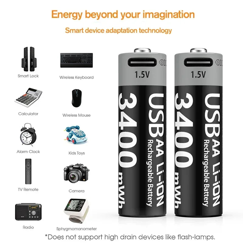 1.5V AA 3400mAh USB Type-C Rechargeable Lithium Battery for Hunting Camera Remote Control Mouse Smart Door Lock Microphone