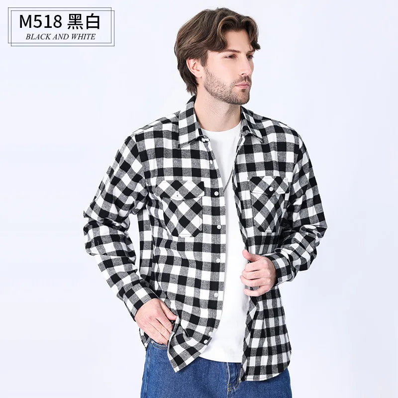 American size men's long-sleeved shirt autumn and winter flannel coat plaid casual non-ironing large size with pockets