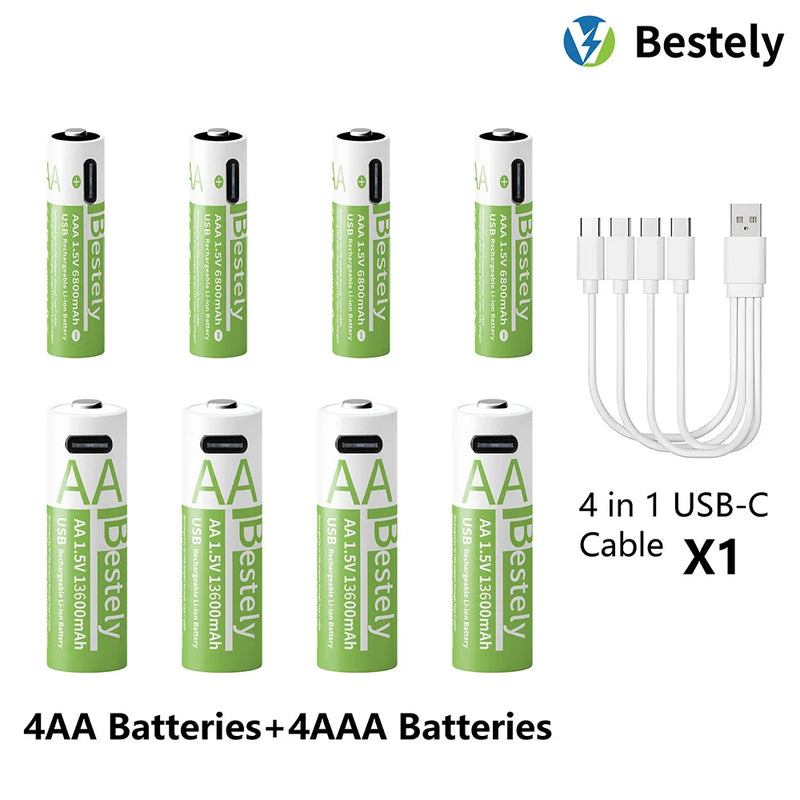 1.5V AA 13600mAh + AAA 6800mAh Rechargeable Lithium Battery Set with USB-C Fast Charging Type C Cable