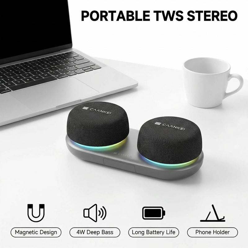 Dual Bluetooth Speaker Set with Magnetic Base & Phone Stand TWS Stereo Sound 10H Playtime RGB Music Sync Lights for Home Theater