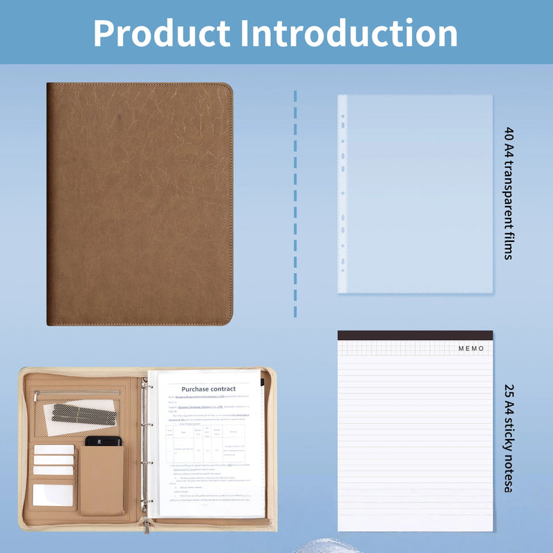 New A4 multi-function business zipper bag, 4-ring binder + writing pad + storage bag, pleated texture PU  leather cover