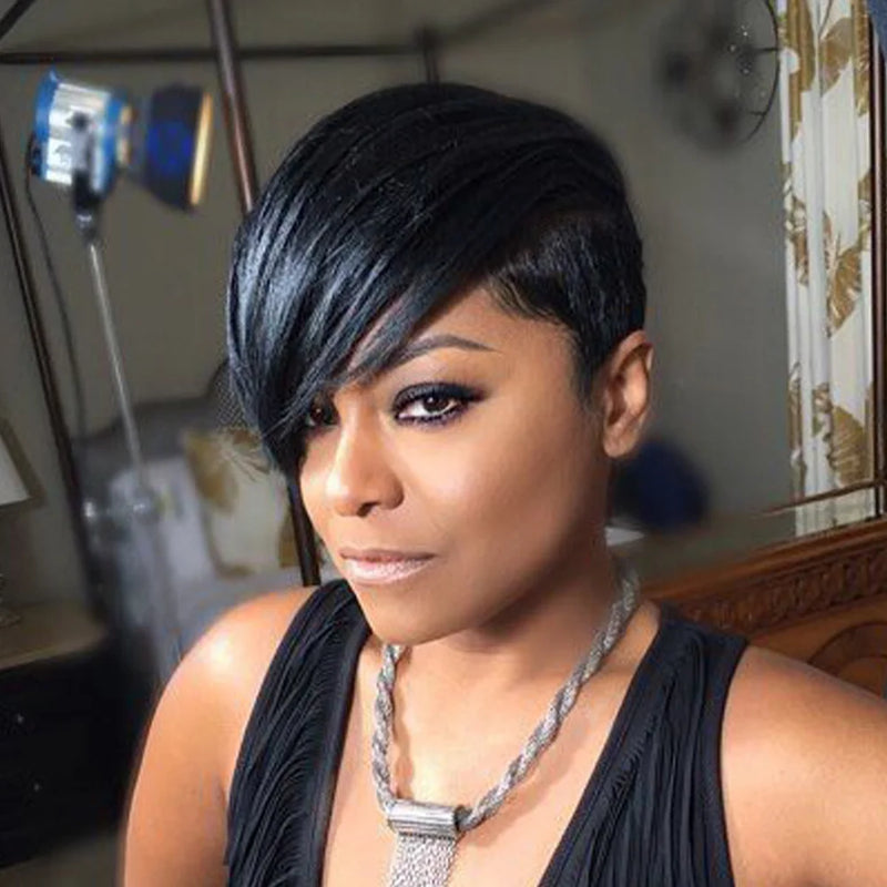 Human Hair Short Pixie Cut Wig Layered Pixie Cut Wig Pixie Cut With Long Side Bangs Full Machine Made Cap For Black Women