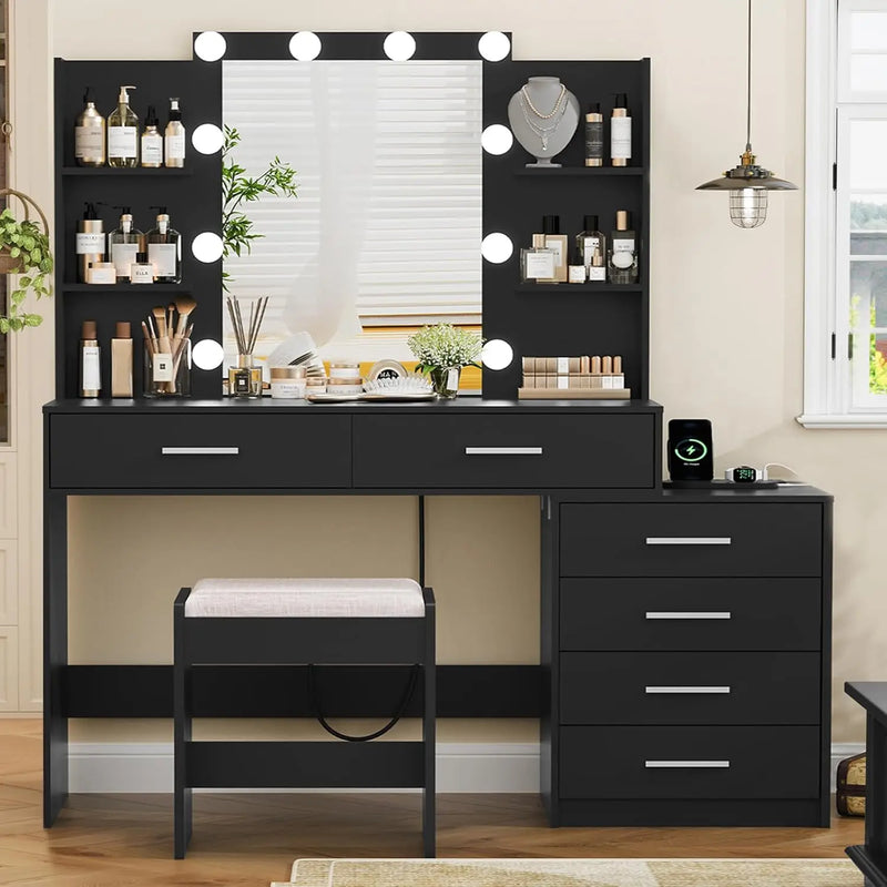 Large Vanity Desk with LED Mirror & Power Outlet 7 Drawers 4 Shelves 5 Hooks Bedroom Bathroom White, Customized