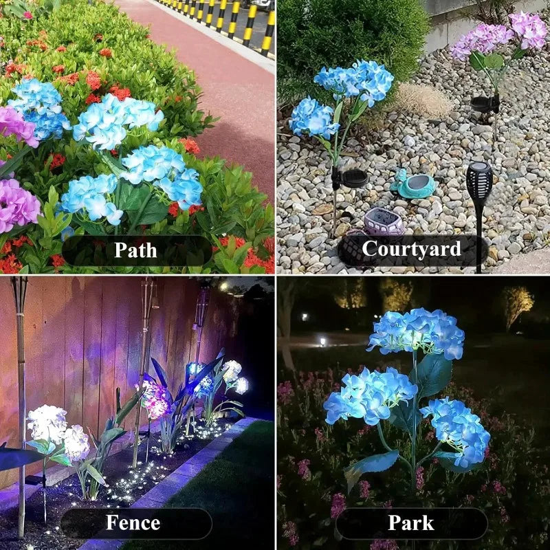 Garden Decor 3 Heads Hydrangea Artificial Flower Solar Lawn Lamp Summer Wedding Party Holiday Outdoor Patio Yard Decoration Lamp