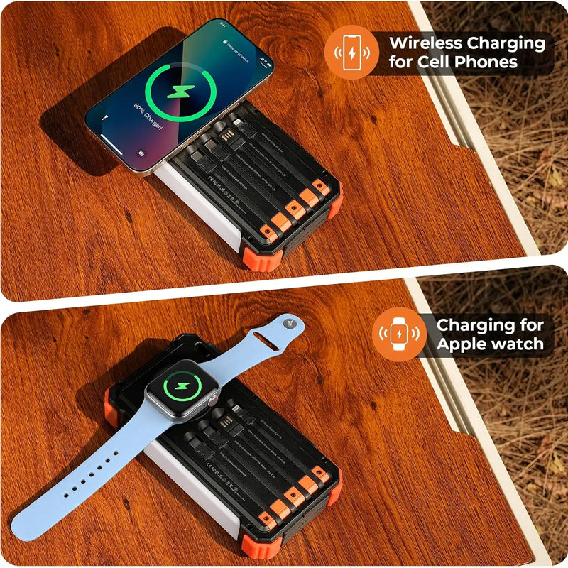 Solar Power Bank 20000mAh Built-in Cables, Wireless Charger for Phones & Apple Watch, 20W Fast Charging Battery Pack with USB C
