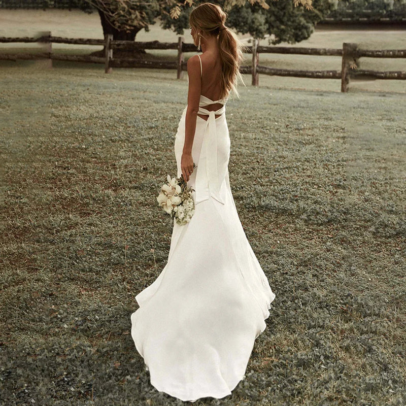 Customized Simple Mermaid White Wedding Dresses Spaghetti - View 2 | SAMAG