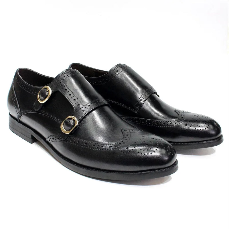 Men's Leather Loafers Double Buckle Monk Strap Handmade Dress Shoes Wingtip Pointed Toe Brogue Wedding Office Business Shoes
