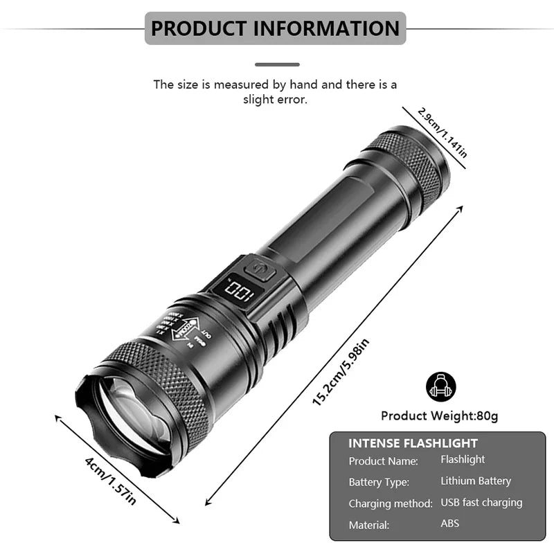 2000LM Ultra Bright P50 LED Flashlight Tactical EDC Torch Telescopic Zoom Type-C Rechargeable Emergency Spotlight for Camping
