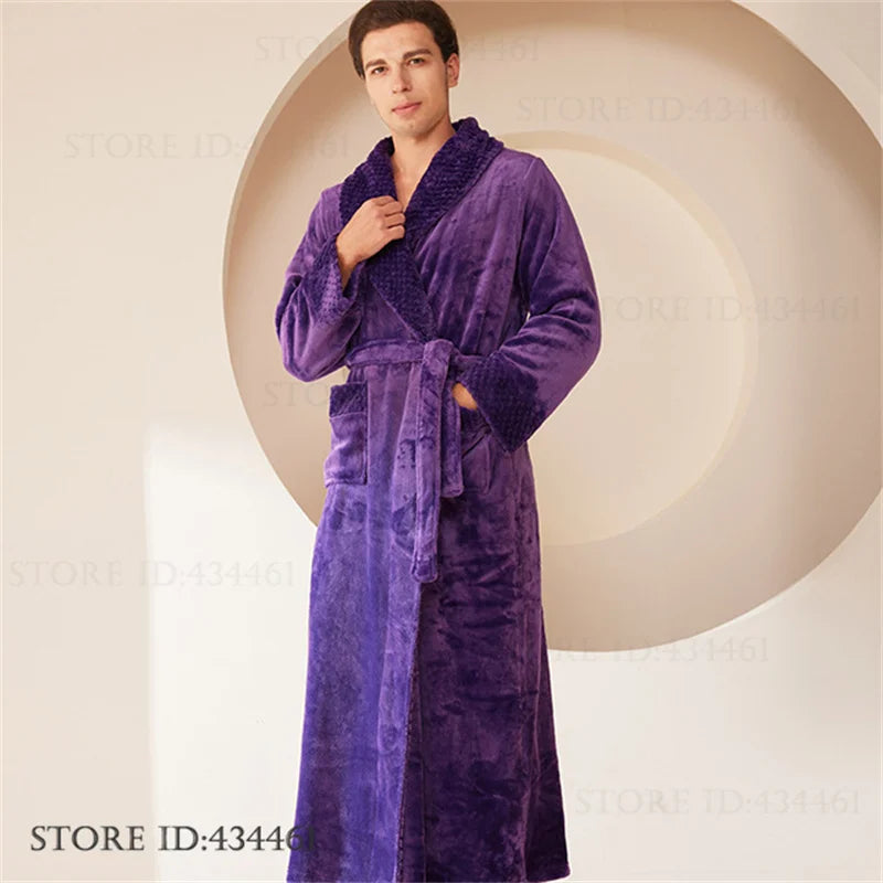 Large Size Flannel Men's Long Robe Kimono Gown Winter Thicken Sleepwear Loungewear Loose Coral Fleece Couple Pajama Home Clothes