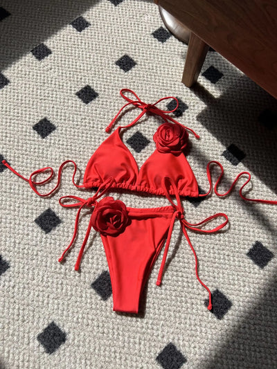 Sexy 3D flower bikinis sets triangle two pieces rose | SAMAG