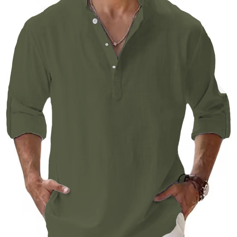Men's Cotton Linen Henley Shirt Casual Long Sleeve Loose | SAMAG