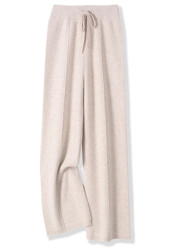 100% Merino Wool Pants Women Autumn Winter Casual Wide Leg Trousers Middle Seam Style Knitted Cashmere Soft Lace-up Trendy Pants