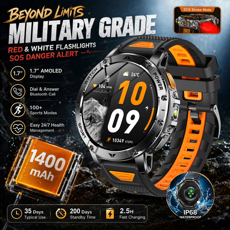 2026 New Military TANK 1400mAh Battery Smart Watch IP68 Waterproof LED Flashlight Heart Rate Sports tracker SOS Smart Watch Men