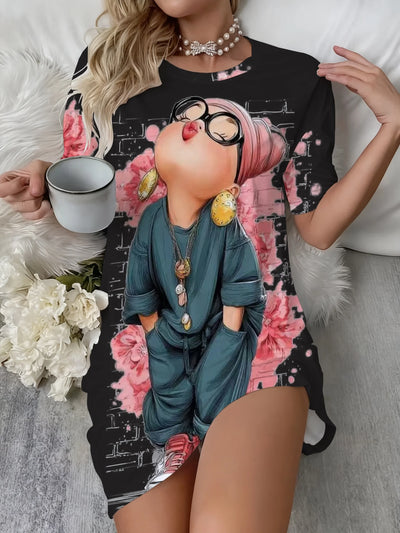 Cute Cartoon Printed Crew Neck Short Sleeve Night Dress | SAMAG