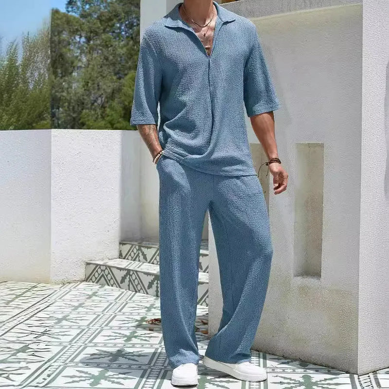 Commuter Suit Casual Shirt Solid Color Short Sleeve Pants | SAMAG