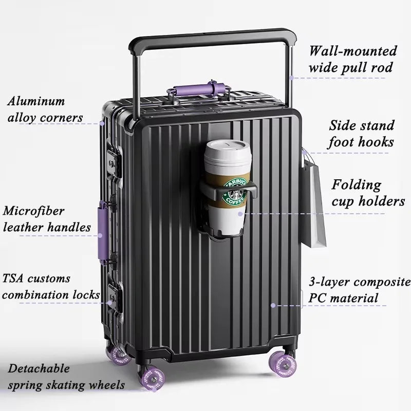 BunnyFly Wide Handlebar Travel Trolley Suitcase with Colorful Silent Wheels TSA Lock Rolling Luggage Large Capacity PC Material