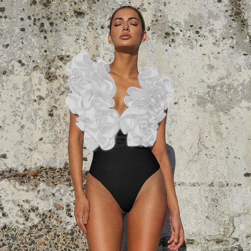 Sexy White 3D Ruffle Flower One Piece And Skirt Set | SAMAG