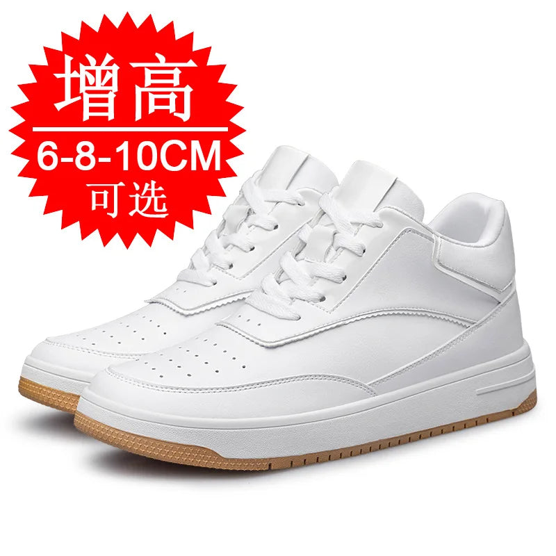Men's Invisible Height Increasing Elevator Shoes 6cm 8cm 10cm Pure White Light-Weight Lace-up Genuine Leather Sporty Sneakers
