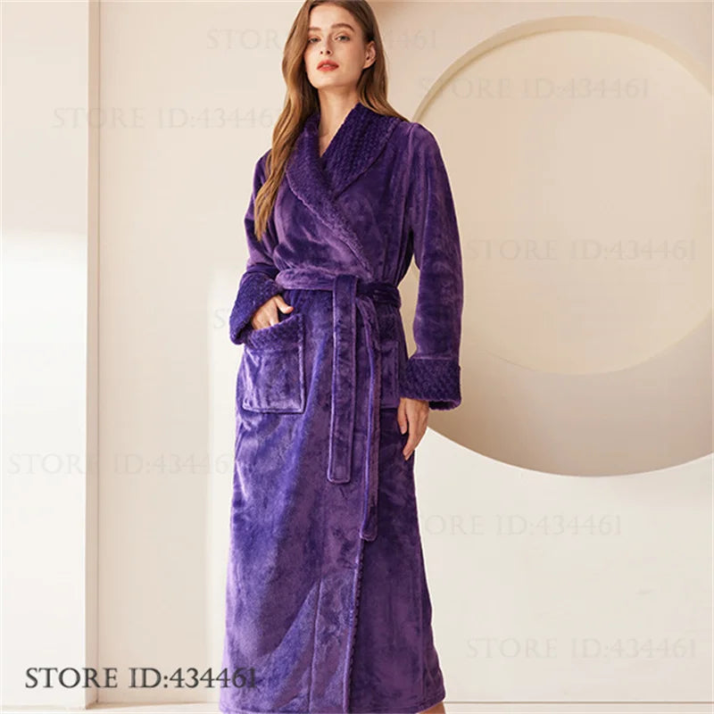 Large Size Flannel Men's Long Robe Kimono Gown Winter Thicken Sleepwear Loungewear Loose Coral Fleece Couple Pajama Home Clothes