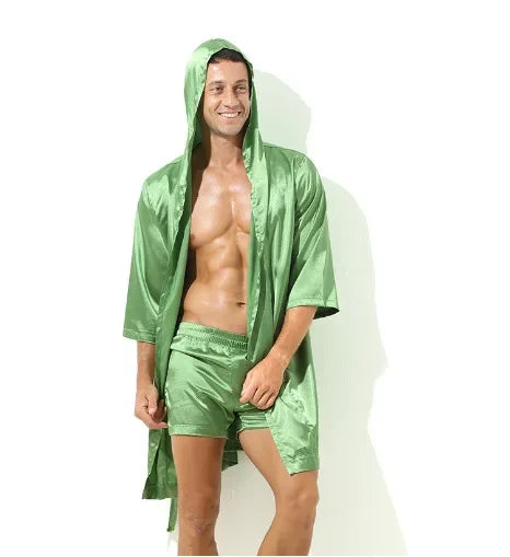 Men Bathrobe Pajamas Nightgown Hooded Loose Satin Silk Sleepwear Cardigan Gown Bath Robe Nightwear Male Sleep Bottoms Home Robes