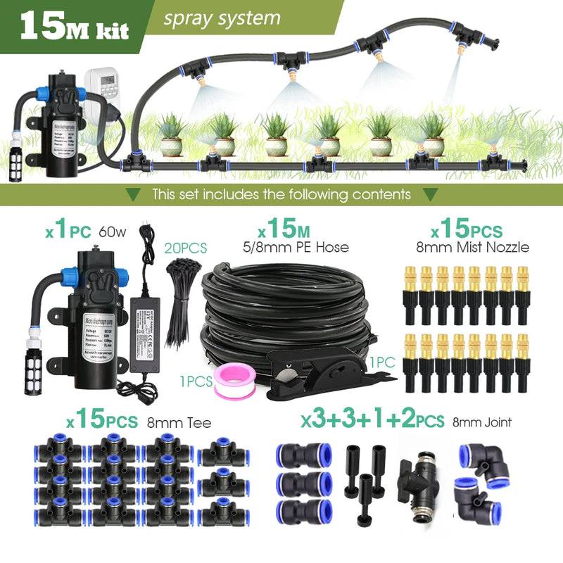 110-220V Power Supply self-priming Pump Spray Kit  for Greenhouse Garden 8mm PE Hose Brass Nozzle Automatic Misting Cool System