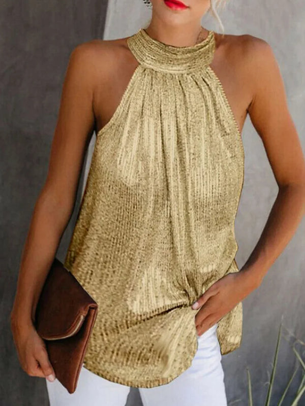 Women Gold Blouse 2025 New Fashion High Neck Sleeveless Hatler Tank Top Vest Summer Casual Loose Blouse Shirt Tee