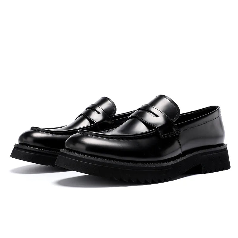 New Mens Glossy Genuine Leather Loafers British Style Thick Sole Slip on Business Casual Shoes for Summer