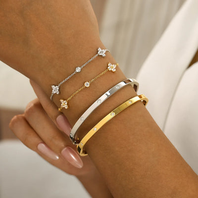 Stainless Steel 18K Gold Plated For Lucky Leaf CZ zircon Bangle Bracelet Set Stackable For Women Crystal clover | SAMAG