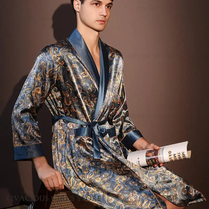 Pajama Men's Robe Kimono Gown Bathrobe with Pockets Print Sleepwear Home Clothing Spring Autumn Satin Nightwear Loose Loungewear