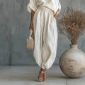 2026 One Shoulder Linen 2 Piece Set Women Roll Up Sleeve Waist Belt High Waist Lantern Pants White Breathable Casual Daily Beach
