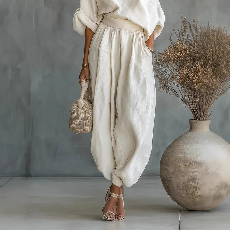 2026 One Shoulder Linen 2 Piece Set Women Roll Up Sleeve Waist Belt High Waist Lantern Pants White Breathable Casual Daily Beach