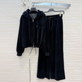 Autumn Winter Fashion Black Velvet Vintage Casual Wide Leg Pants Suit Women's Hooded Long Sleeve Coat+Drawstring Waist Trousers