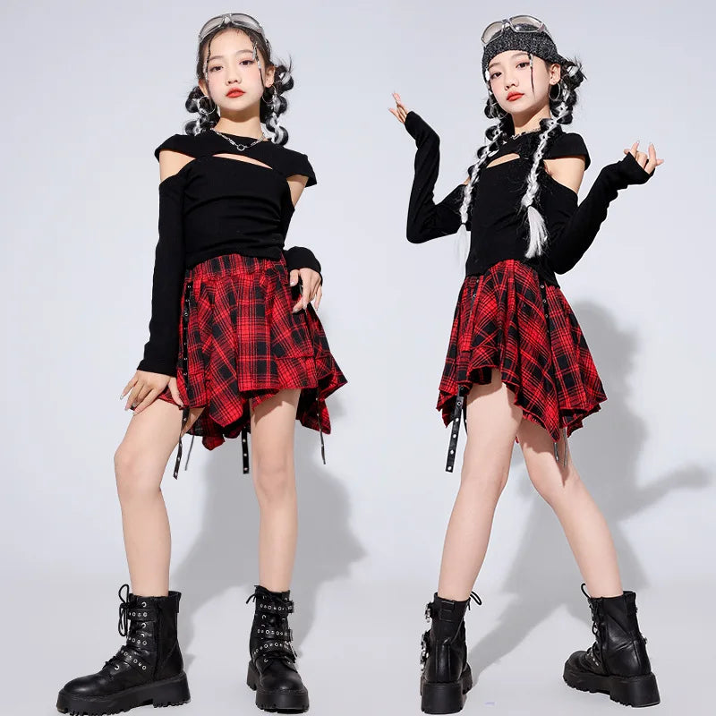 Girls Hip Hop Costume Black Top Plaid Street Dance Skirt | SAMAG