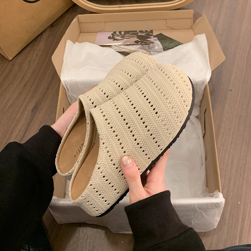 Summer Fashion Knitted Hollow Out Women Closed Toe Slip On Platform Clogs Mules Slides Breathable Casual Outdoor Shoes for Women