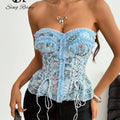 SINGREINY Holiday Paisley Print Corset Top Women Strapless Lace Up Slim Backless Camsiole 2026 Floral Blue Mesh Luxury Short Top