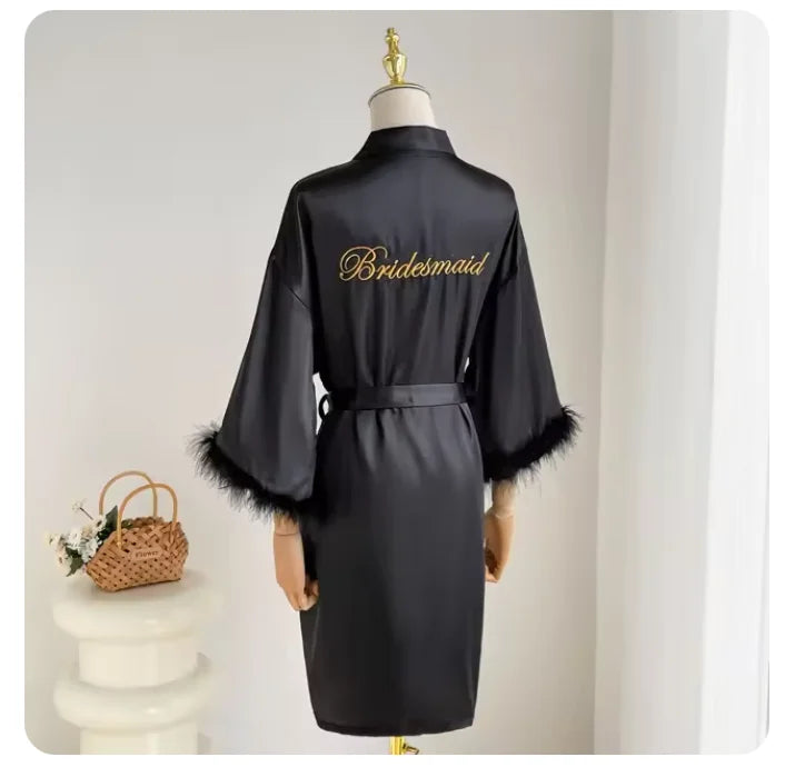 White Bride Wedding Robe with Feathers Women Satin | SAMAG