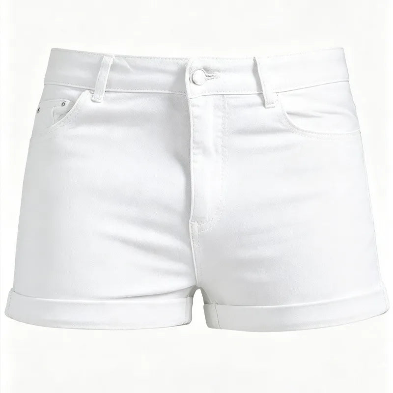 Men's Sexy Slim Fit White Denim Shorts, Rolled Cuff | SAMAG
