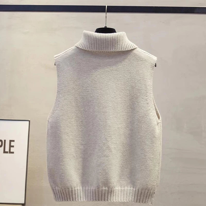 Autumn Winter Korean Solid Color Lapel Sleeveless Versatile Casual Knitted Vest For Women