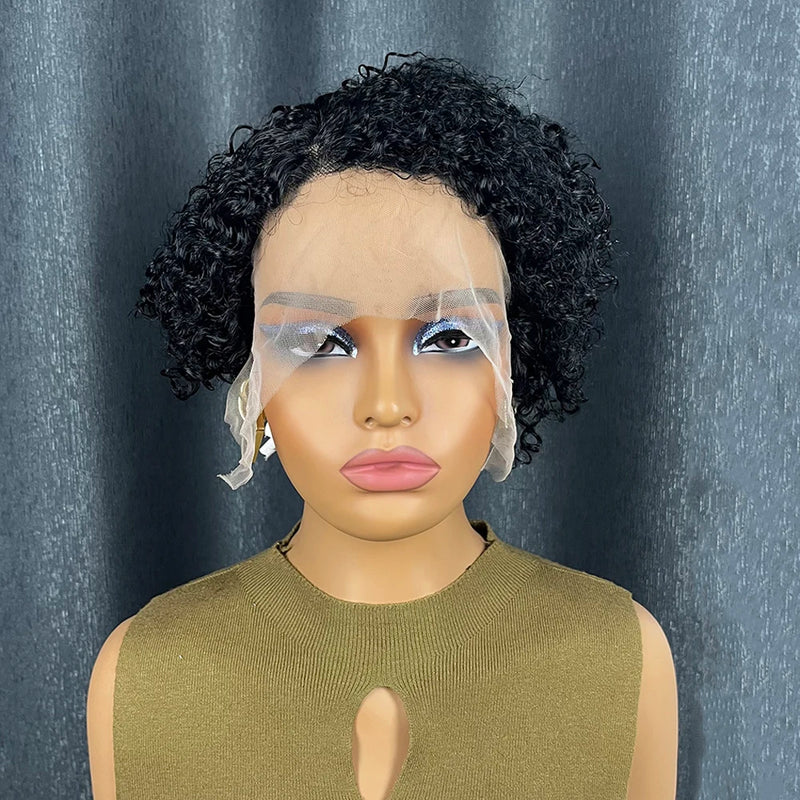 13x4x1 Lace Frontal Short Curly Wig Pixie Cut Bob Wig Water Wavy Brazilian Remy Human Hair Wigs for Women 180% Density  5Inch