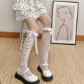 Girls Sweet Stockings Sexy Lace Mesh Fishnet Stockings Knee High Socks Flower Hollow Out Bandage Bow JK Lolita Kawaii Stockings