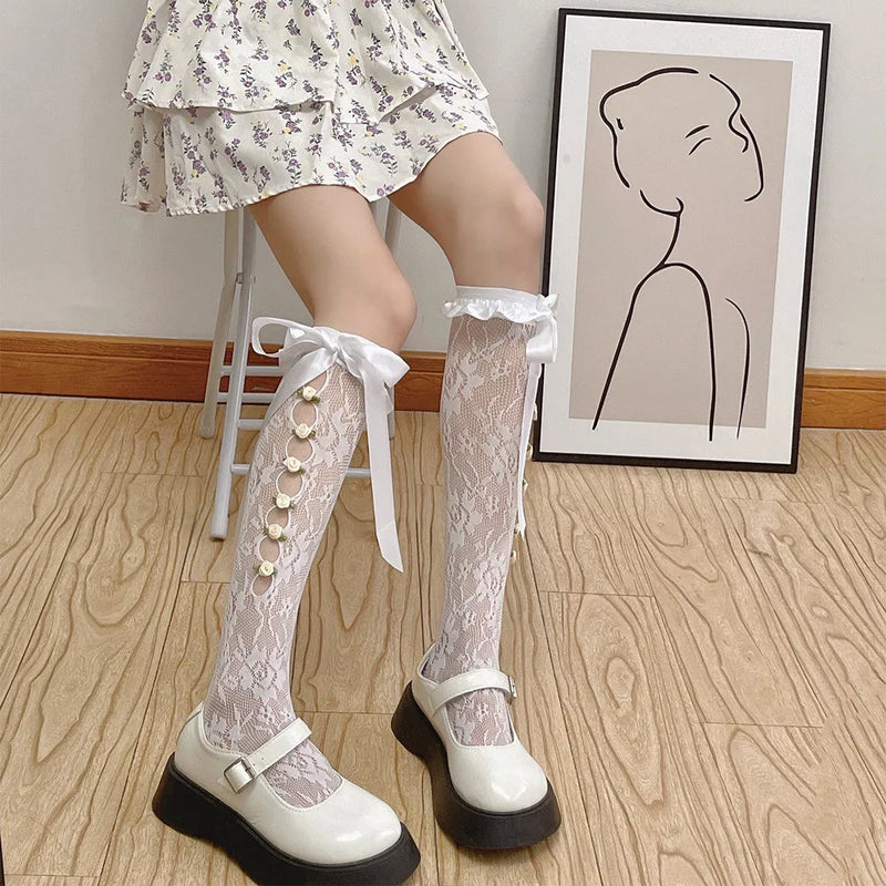 Girls Sweet Stockings Sexy Lace Mesh Fishnet Stockings Knee High Socks Flower Hollow Out Bandage Bow JK Lolita Kawaii Stockings