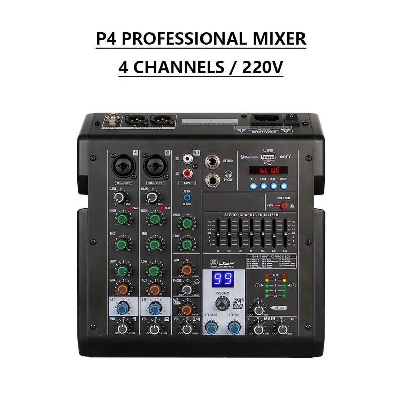 FUHAM 4 Channel Audio Mixer Bluetooth USB DJ Console 48V Phantom Power for Studio Karaoke Streaming