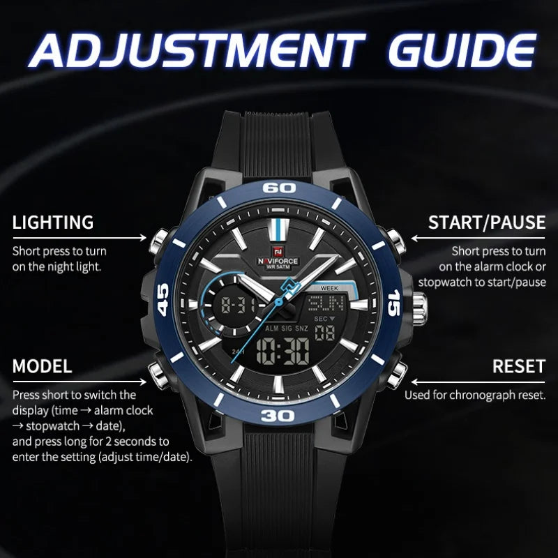 NAVIFORCE Men's Fashion Dual Display Watch 5ATM Waterproof Luminous Soft TPU Strap Male Sports Outdoor Daily Wristwatch Gift Box