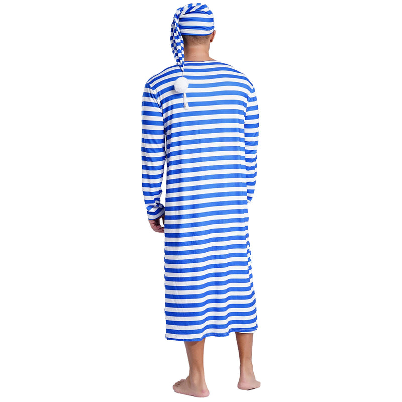 Men's Striped Nightshirt Sleep Robe Set Loose Soft Long Sleeve Sleeping Long Shirts with Night Cap Christmas Sleepwear Nightwear