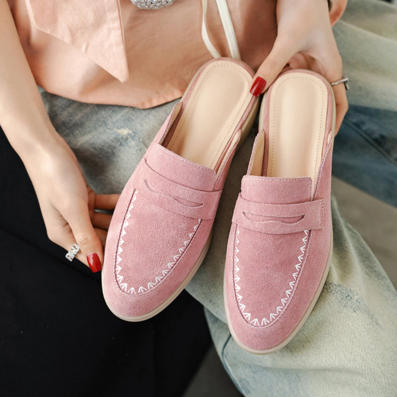 New Genuine Leather Cowhide Women Mules,Round Toe Slip-on Women Slippers,Flats Women Shoes
